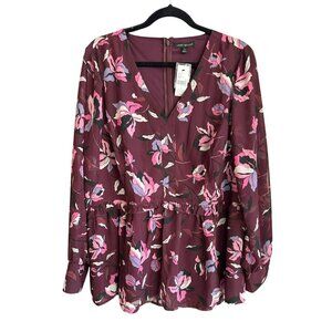 Lane Bryant Purple Floral Peplum Blouse Size 18 Long Sleeve V-Neck NWT